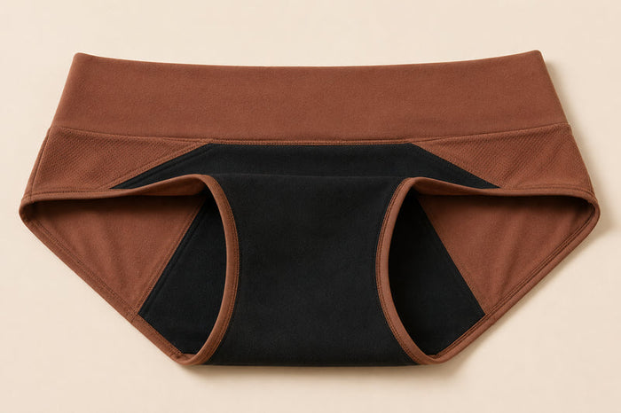 LeakFree underwear laid flat, wide waistband and panel