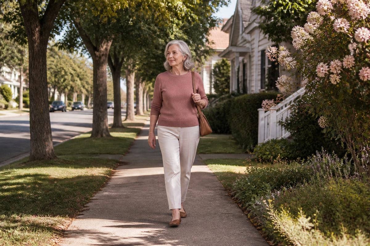 Gray-haired woman walking on a tree-lined street in light pants