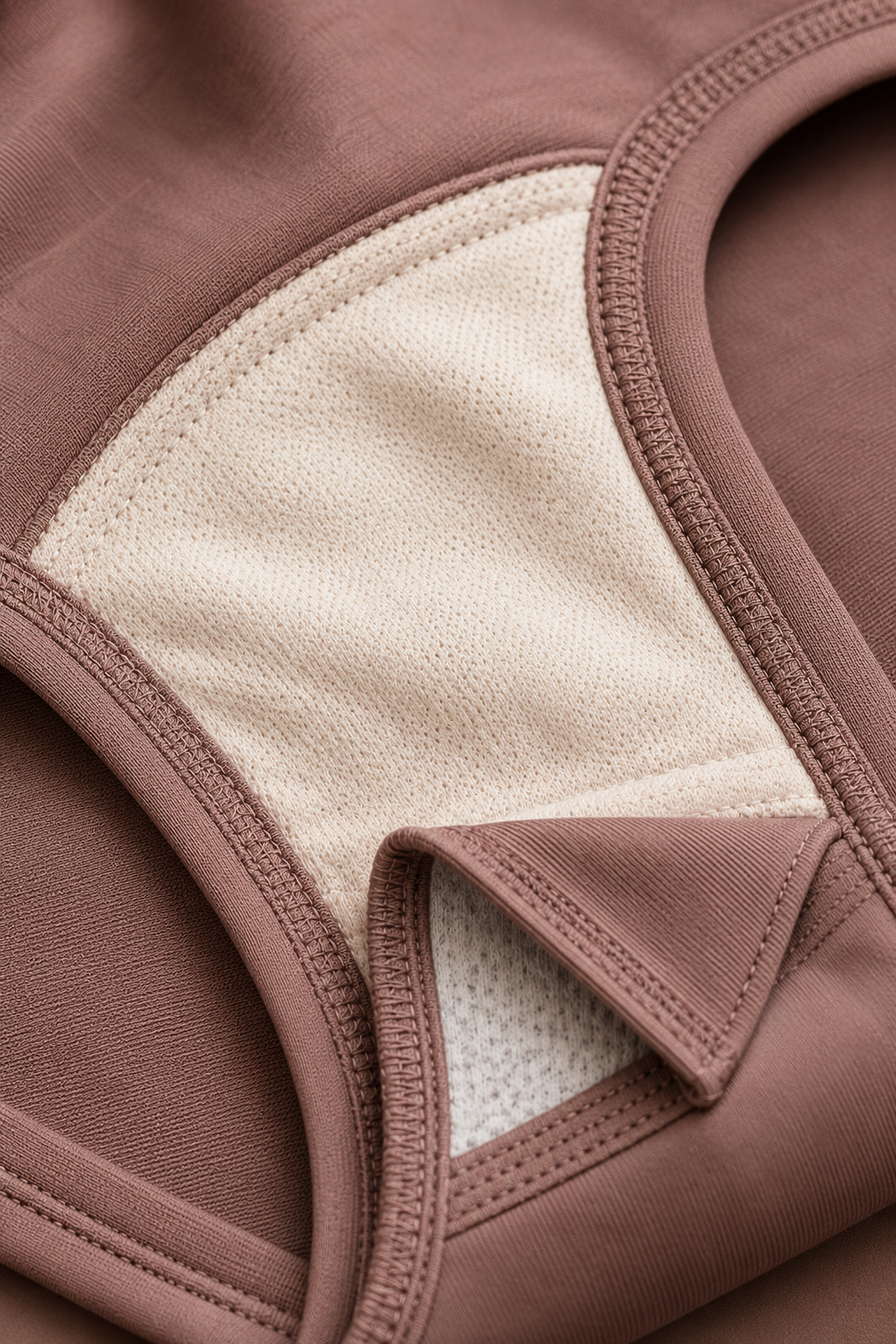 Close view of the pale gusset lining and stitching