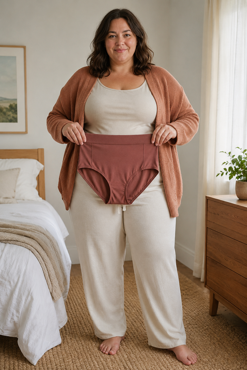 Plus-size adult woman holding the high-rise underwear