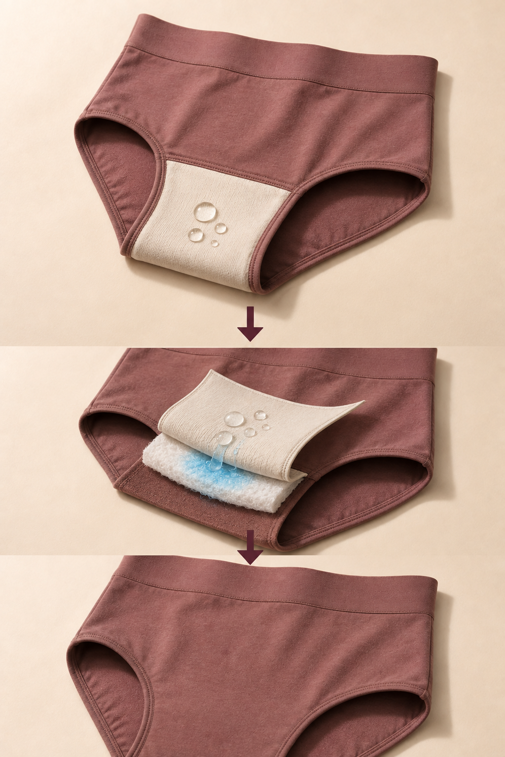 Three-panel illustration of the layered gusset mechanism